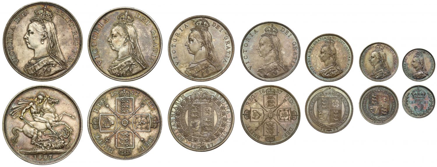 Victoria 1887 7-coin silver currency Set, Golden Jubilee Crown to Threepence