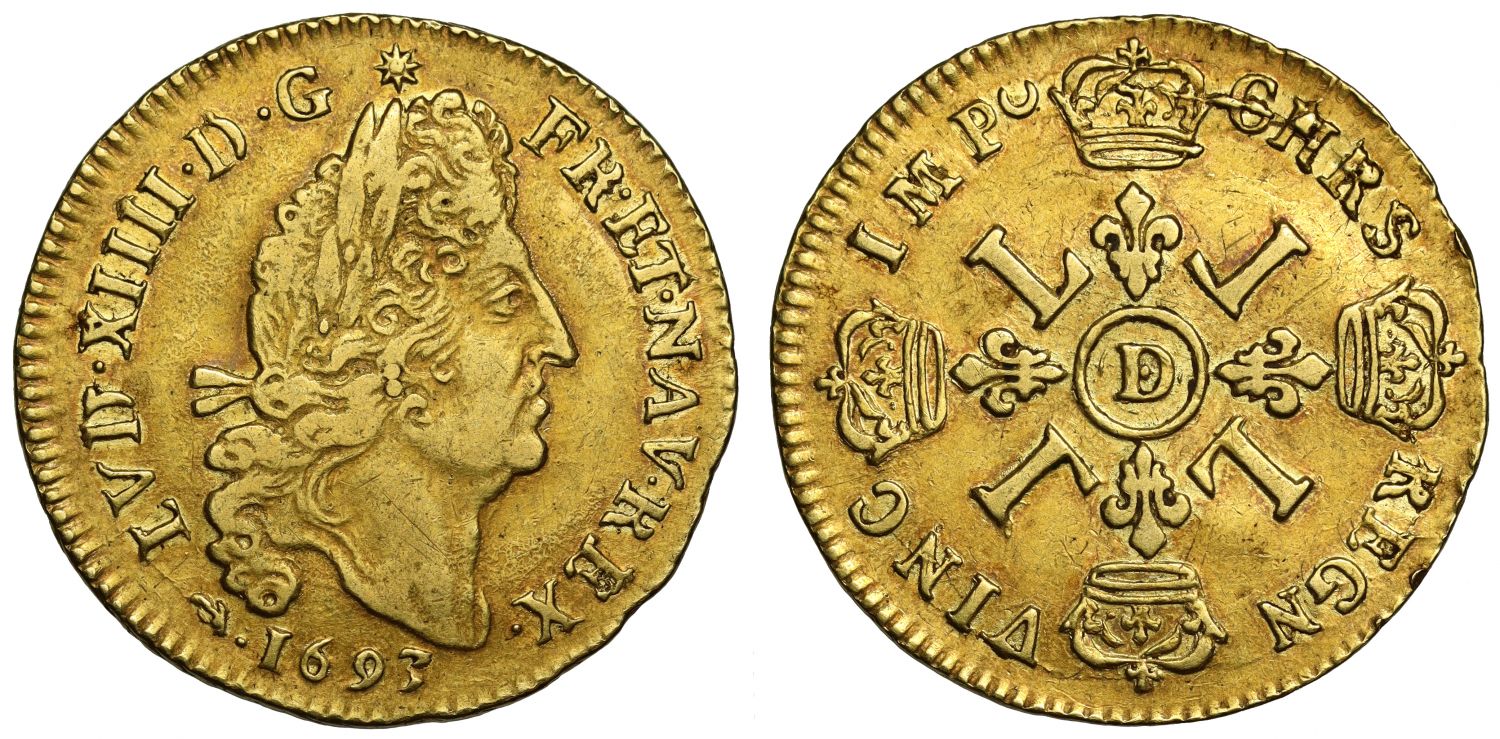 France, Louis XIV 1693 D gold Louis d'Or Lyon Mint
