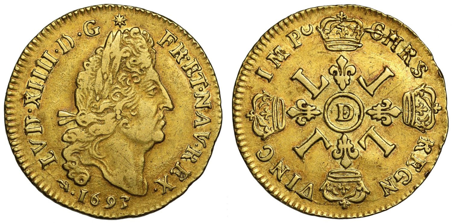 France, Louis XIV 1693 D gold Louis d'Or Lyon Mint