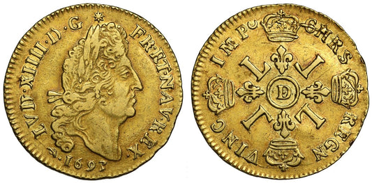 France, Louis XIV 1693 D gold Louis d'Or Lyon Mint