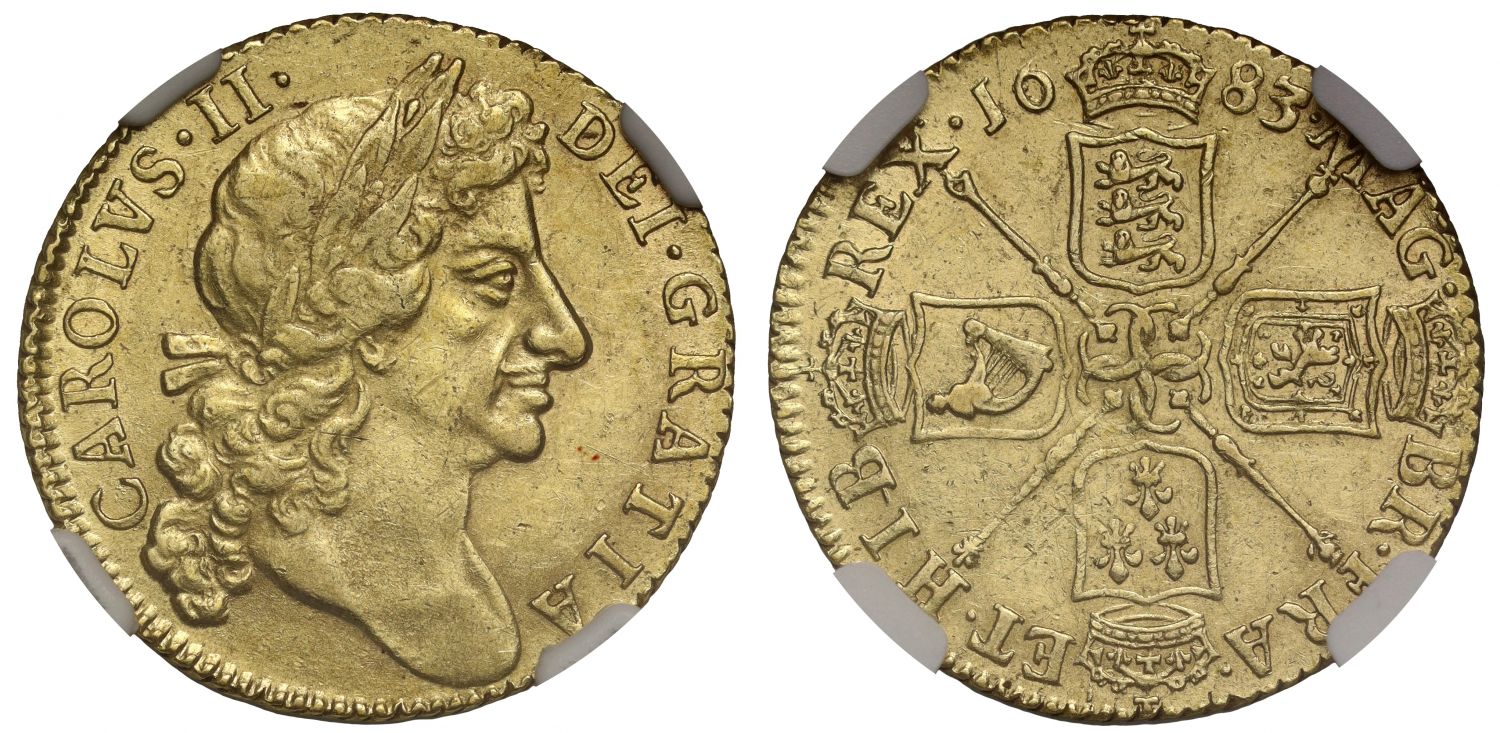 Charles II 1683 Guinea, 4th bust, AU58, penultimate year