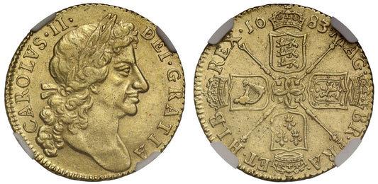 Charles II 1683 Guinea, 4th bust, NGC AU58, penultimate year