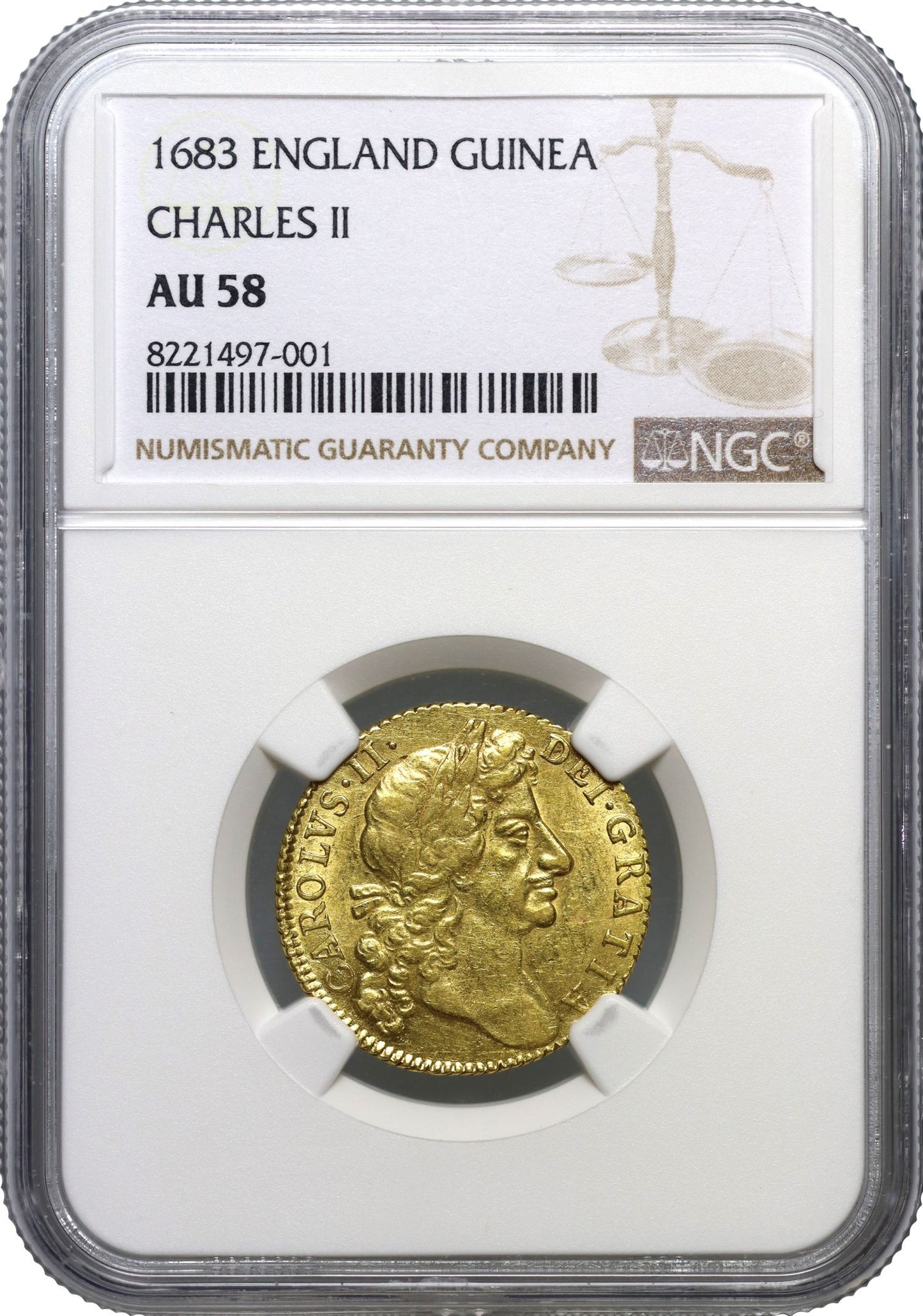 Charles II 1683 Guinea, 4th bust, AU58, penultimate year