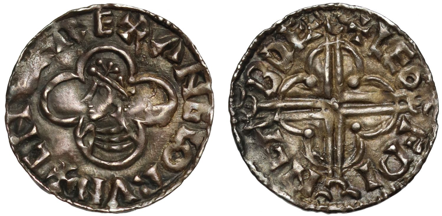 Canute Penny, Quatrefoil type, Bedford, Leofwine, unusual 
