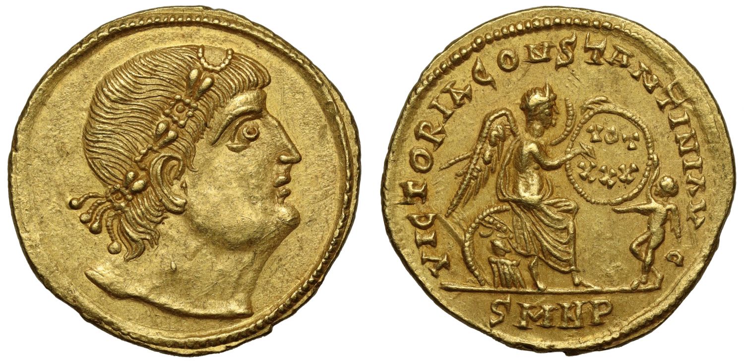 Constantine I, Heavenward-gaze, Heavy Weight Gold Solidus, Nicomedia, NGC Choice AU, 5/5, 4/5 with USA provenance to 1991..
