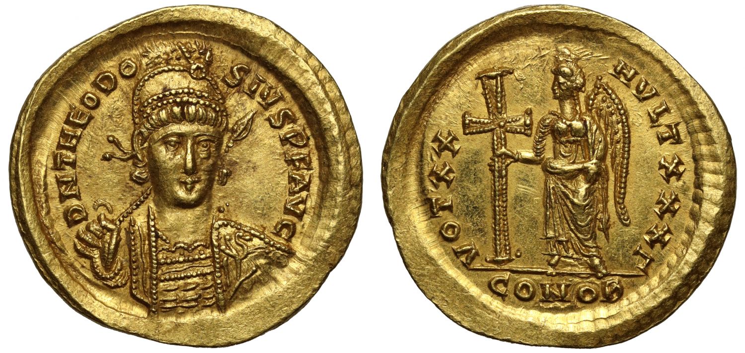 Theodosius II, Gold Solidus, Ch AU, 5/5, 4/5 with provenance to 1993.