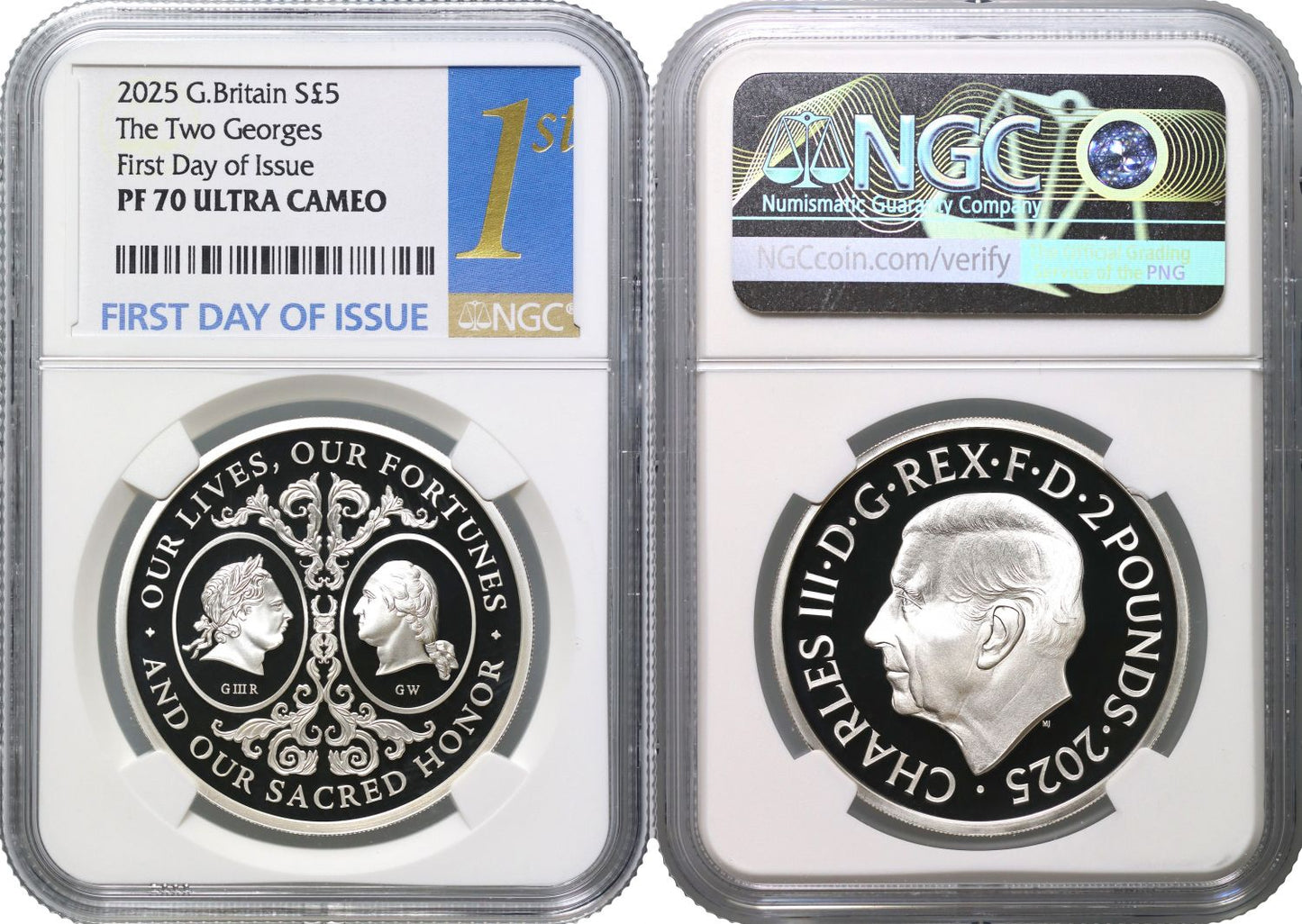 * Charles III 2025 silver PF70 FDI 1oz The Two Georges