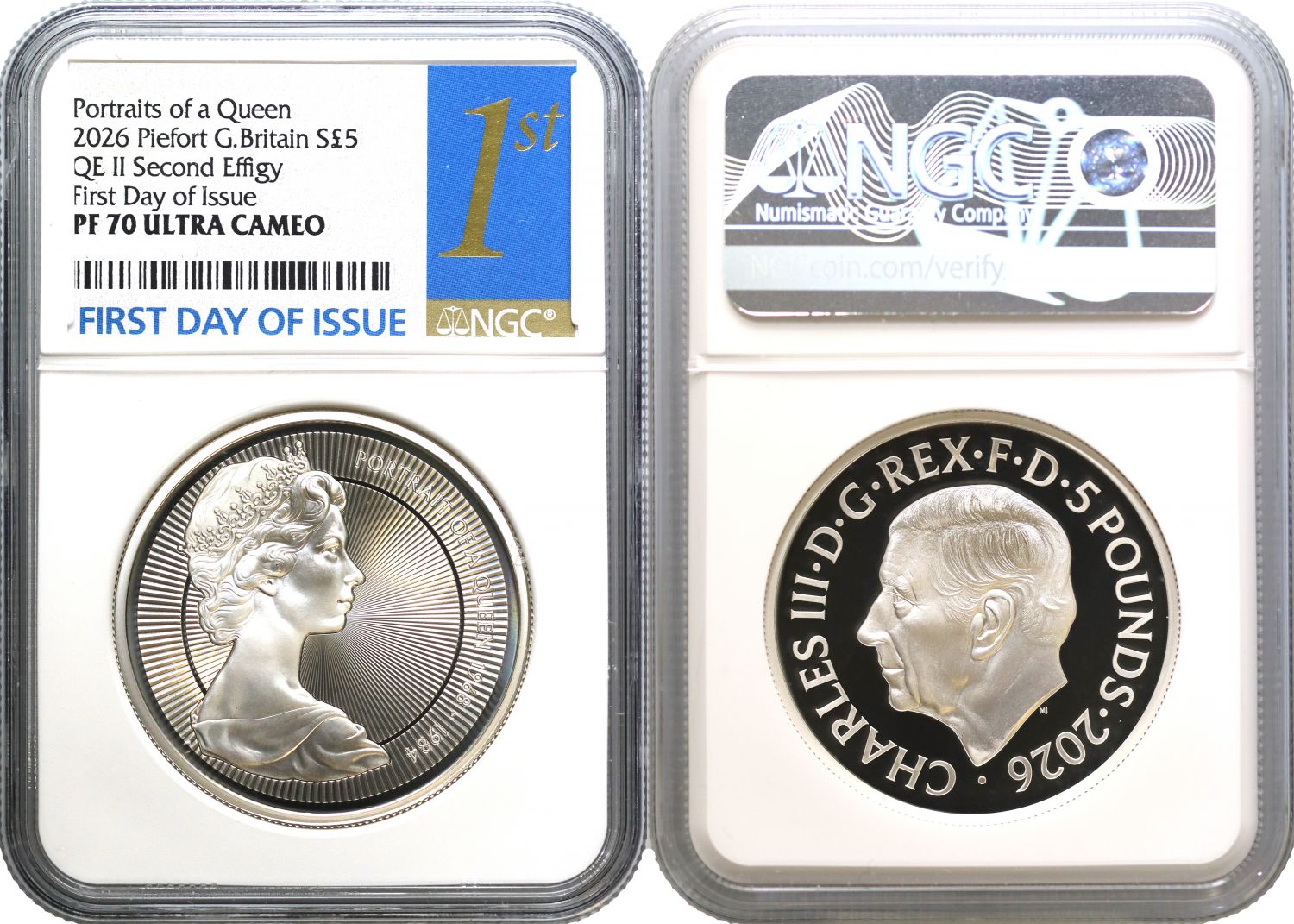 * Charles III 2026 silver piedfort PF70 FDI £5 QEII Second Effigy