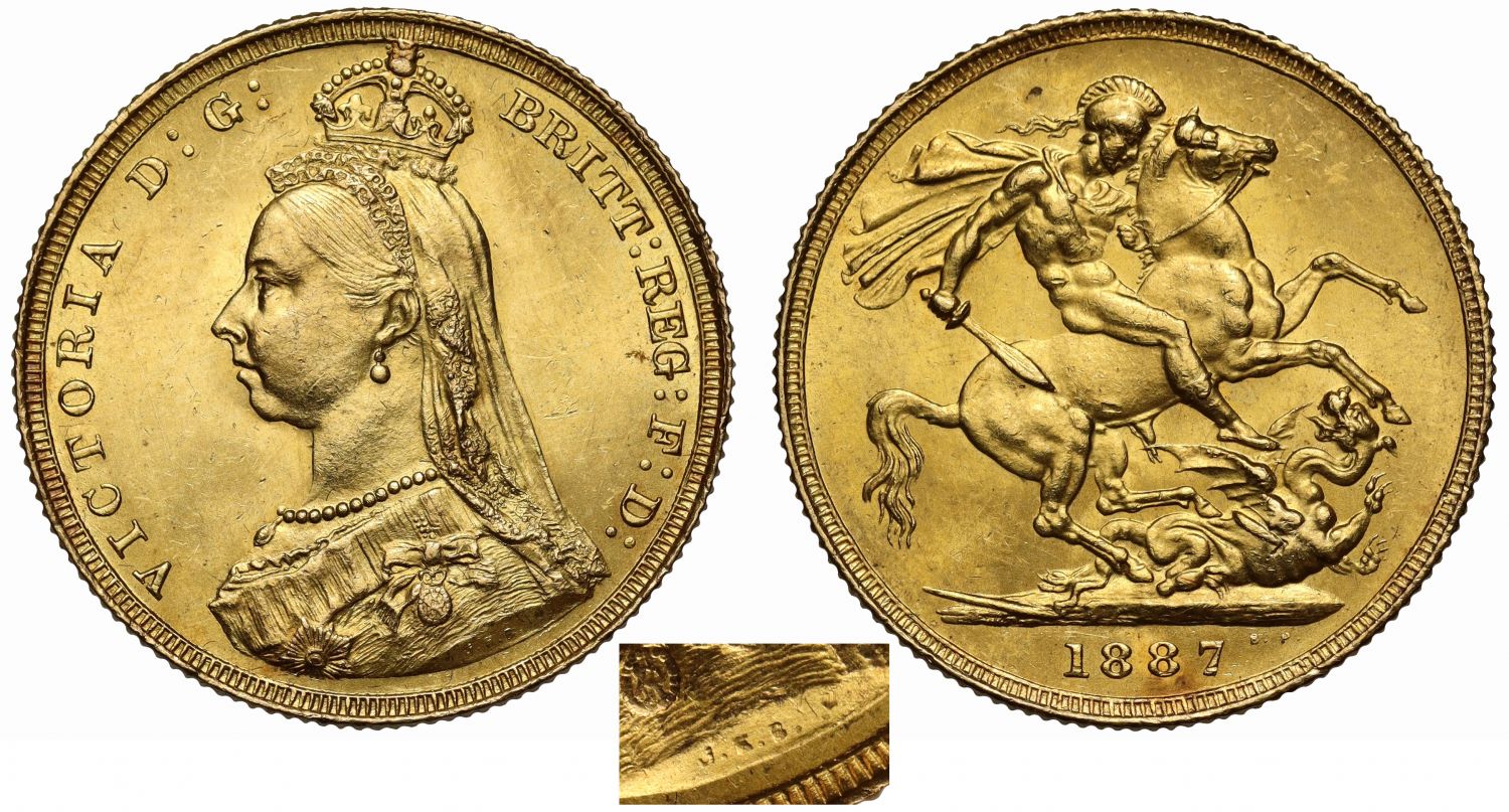 Victoria 1887 Sovereign, hooked J, MS61, DISH L1, ex Thorburn