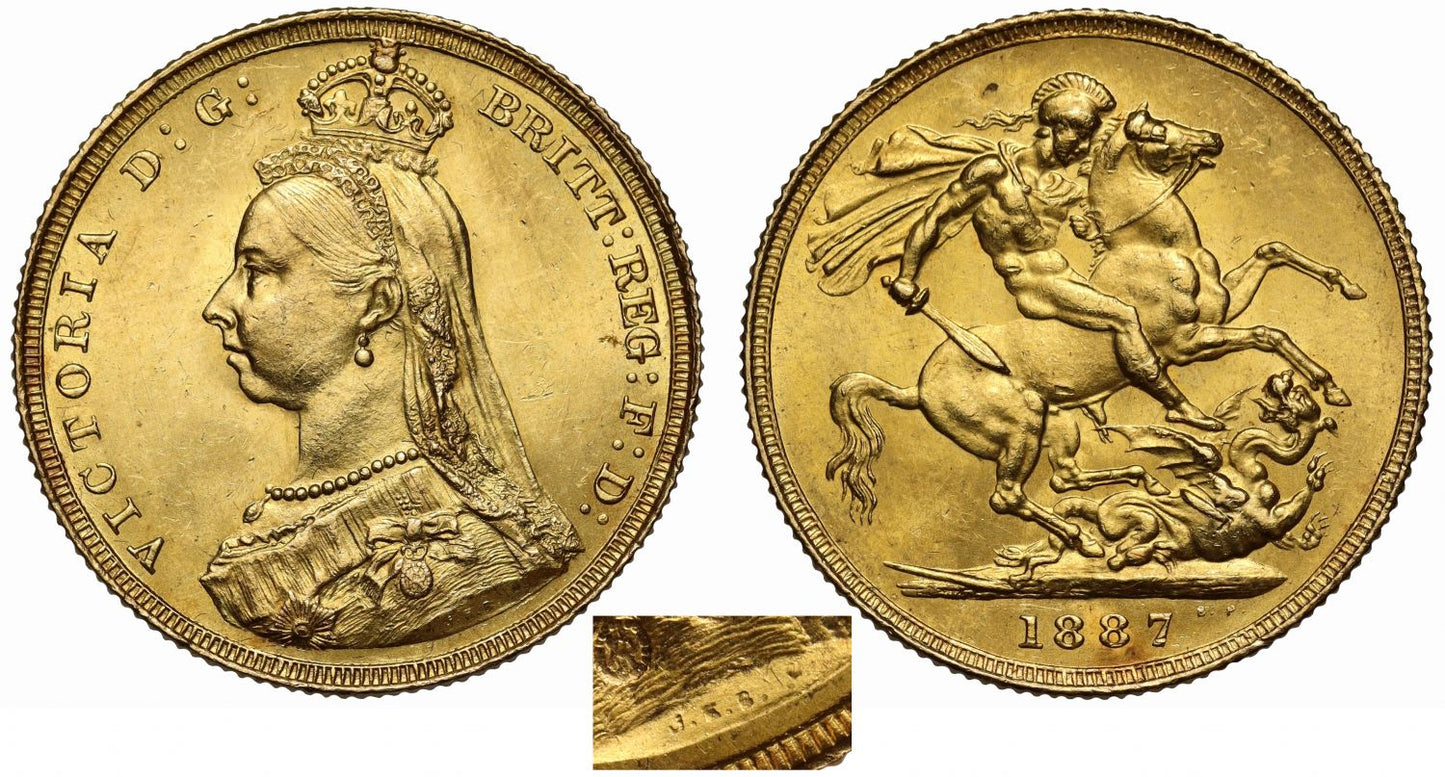 Victoria 1887 Sovereign, hooked J, MS61, DISH L1, ex Thorburn