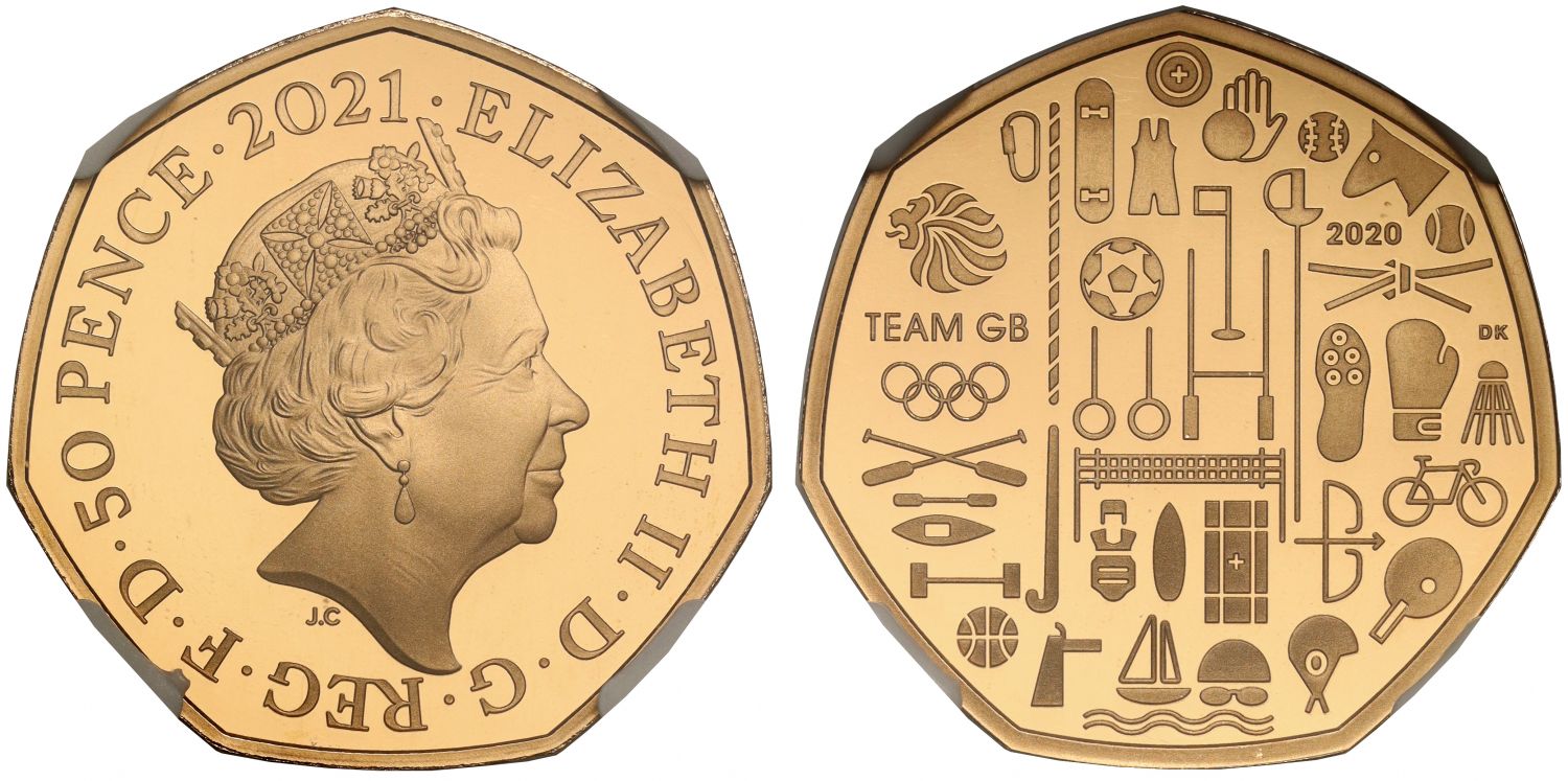 Elizabeth II 2021 gold PF70 UC FR 50p Tokyo Olympics