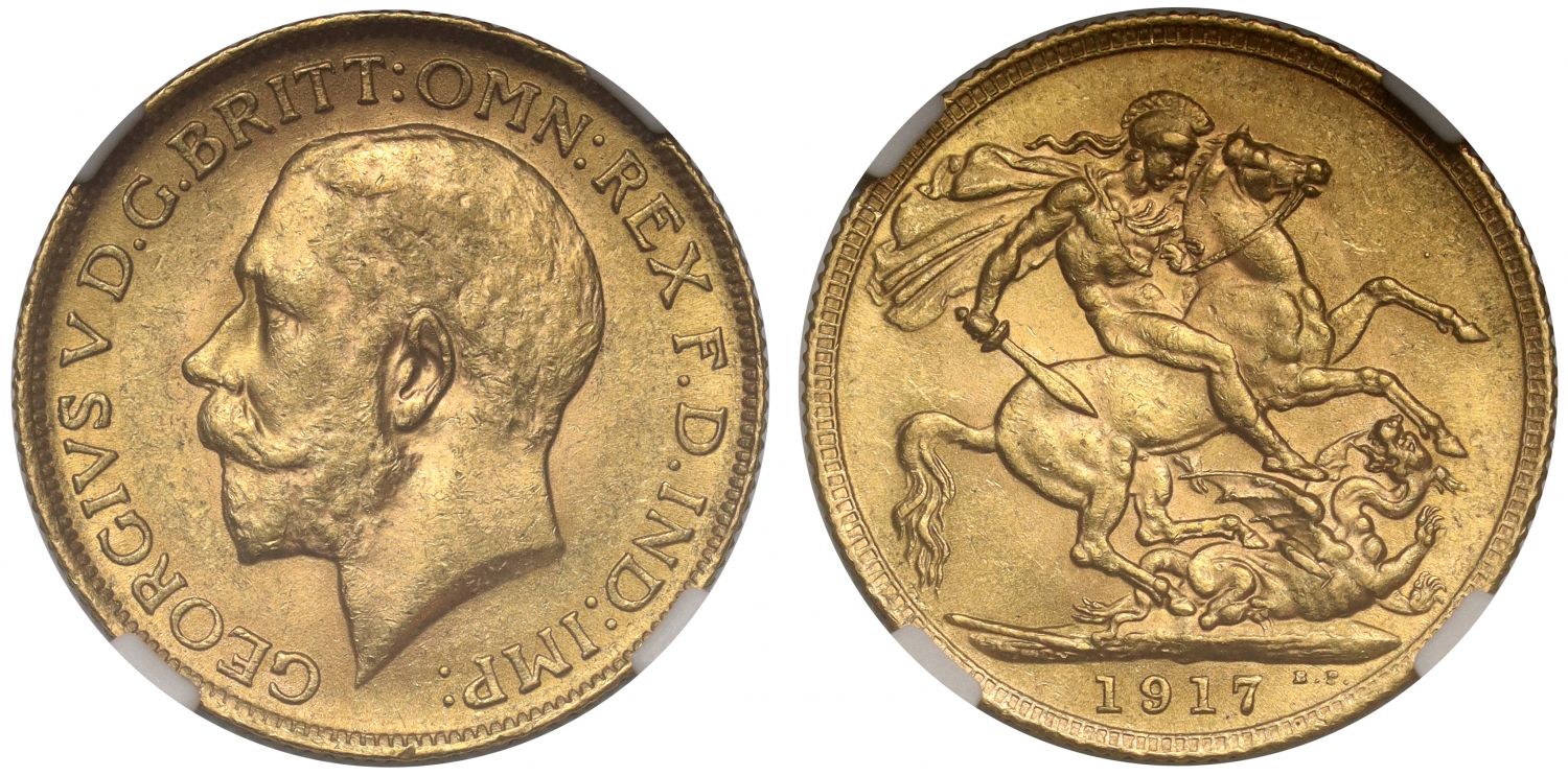 George V 1917 Sovereign, London, MS61, rarest of reign for London