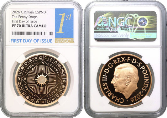 * Charles III 2026 gold PF70 FDI £5 The Penny Drops