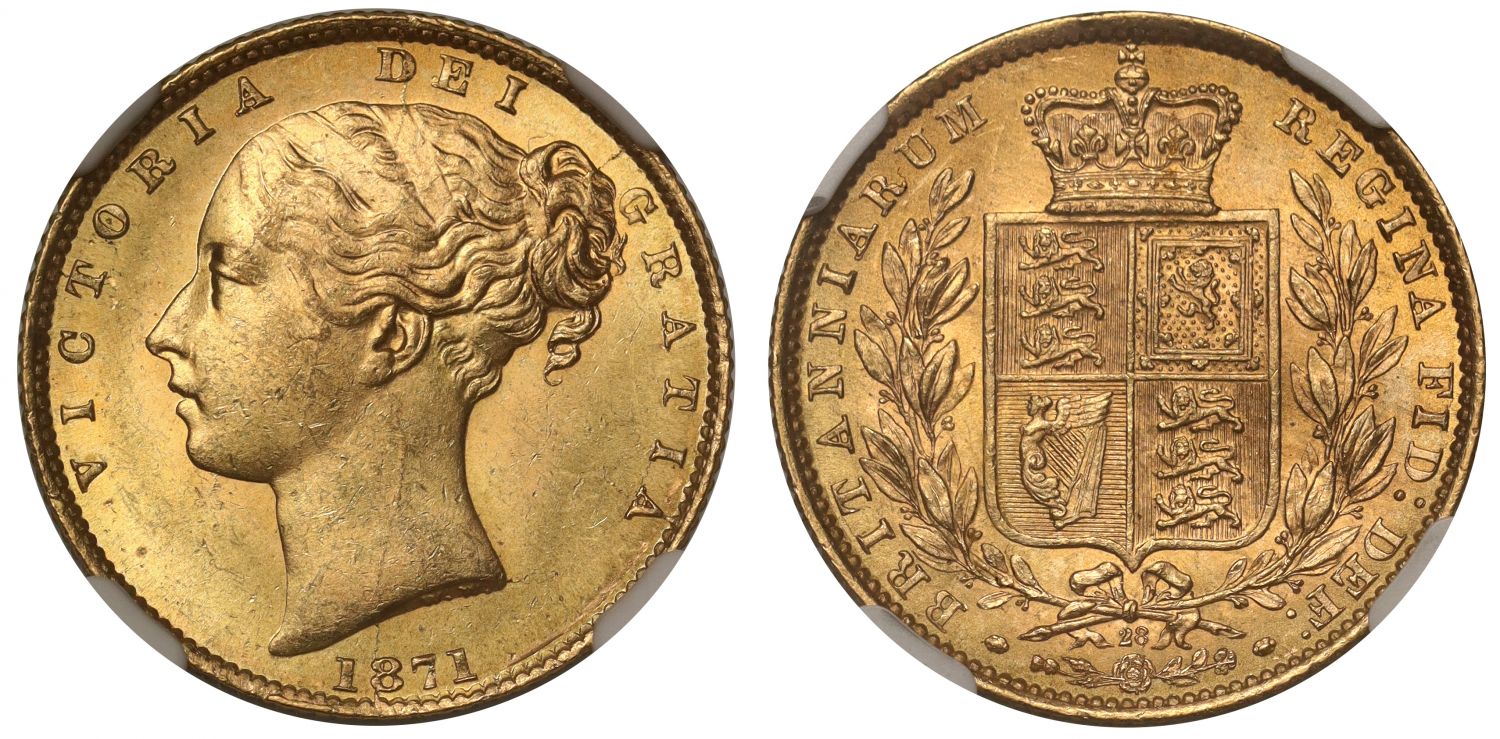 Victoria 1871 shield Sovereign, die 28, MS63