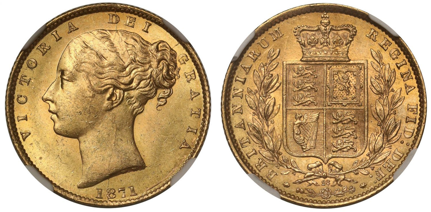 Victoria 1871 shield Sovereign, die 28, MS63