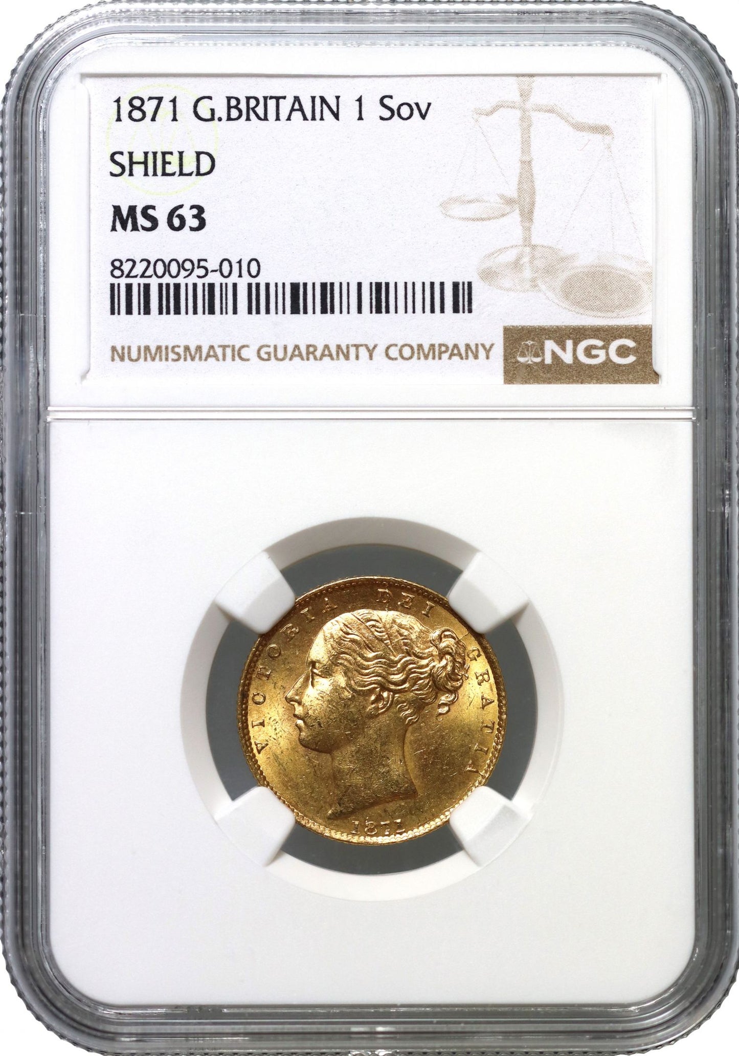 Victoria 1871 shield Sovereign, die 28, MS63