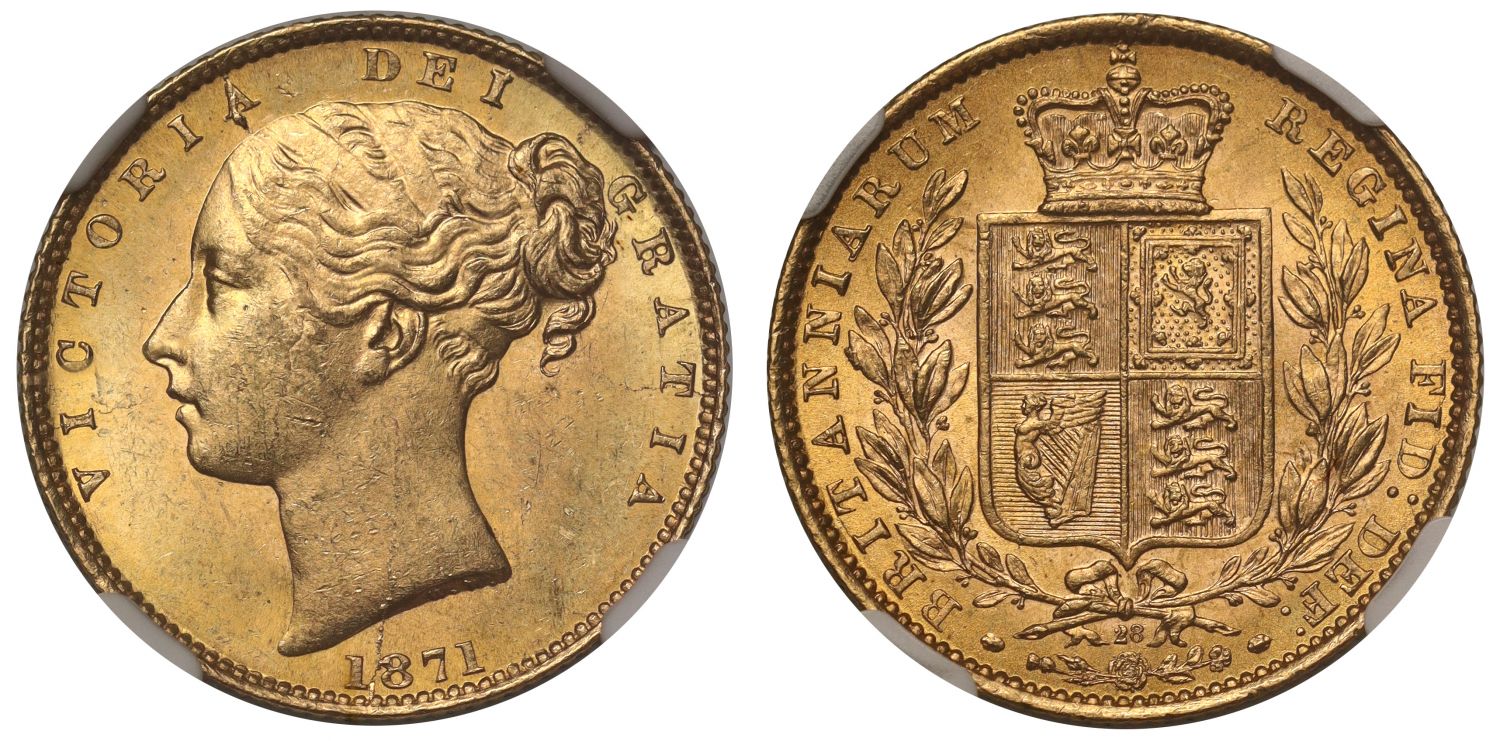 Victoria 1871 shield Sovereign, young head, die 28, MS63