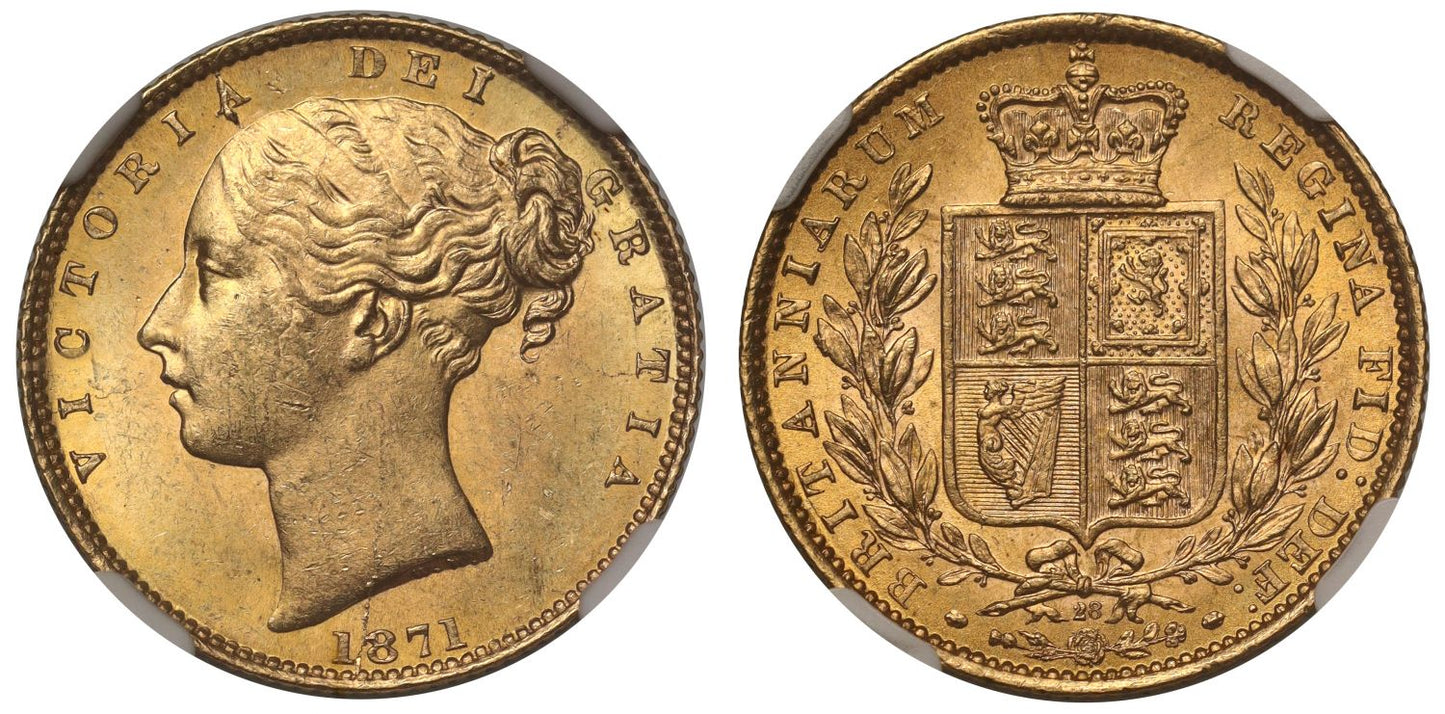 Victoria 1871 shield Sovereign, young head, die 28, MS63