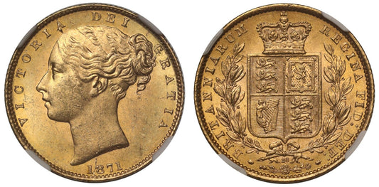 Victoria 1871 shield Sovereign, young head, die 28, NGC MS63