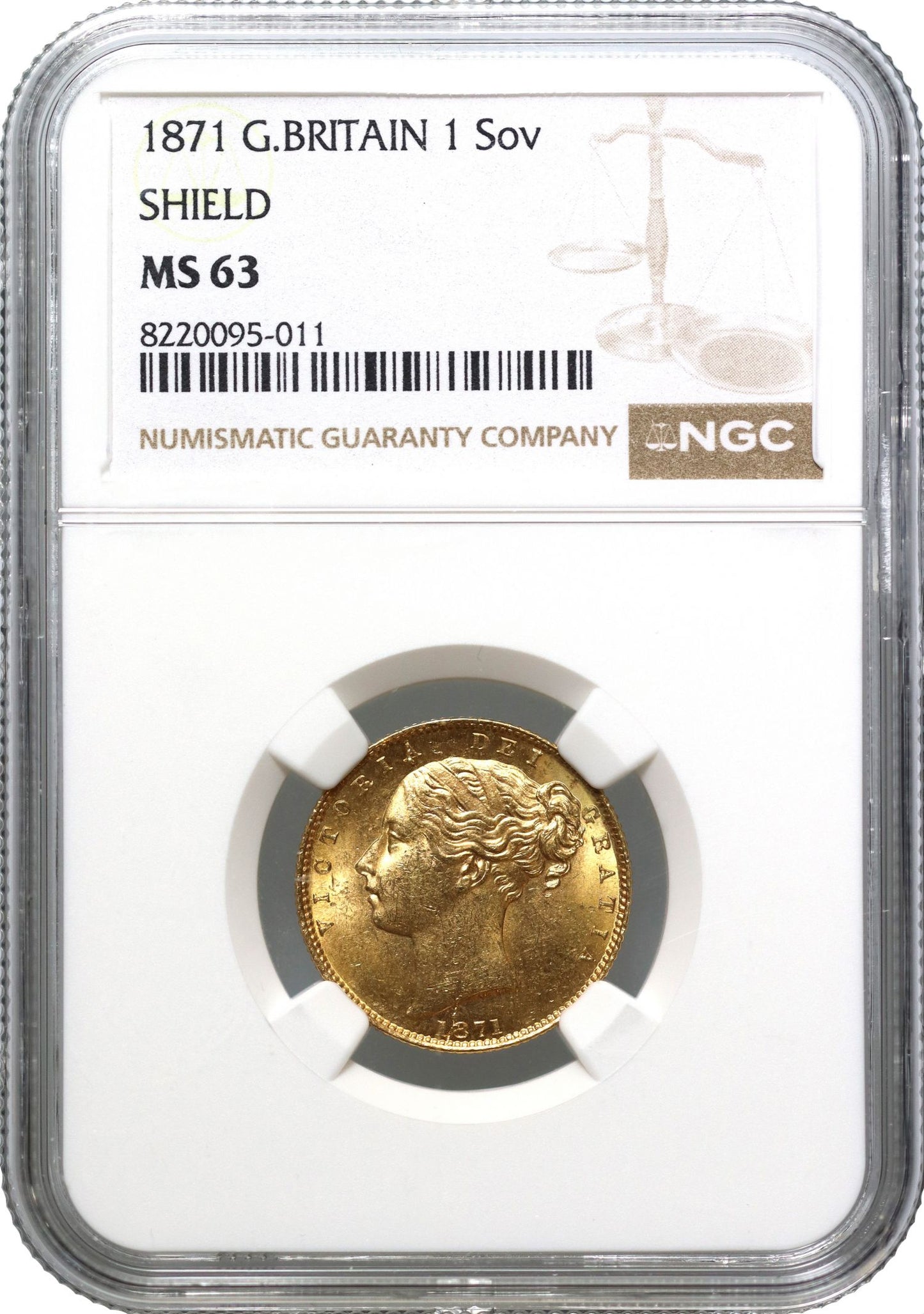Victoria 1871 shield Sovereign, young head, die 28, MS63