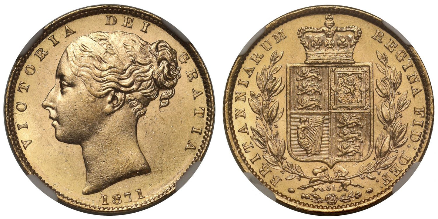 Victoria 1871 shield Sovereign, die 31, MS63