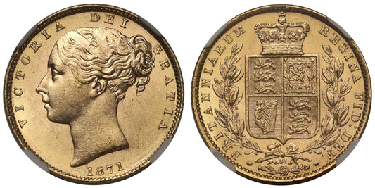 Victoria 1871 shield Sovereign, young head, die 31, NGC MS63