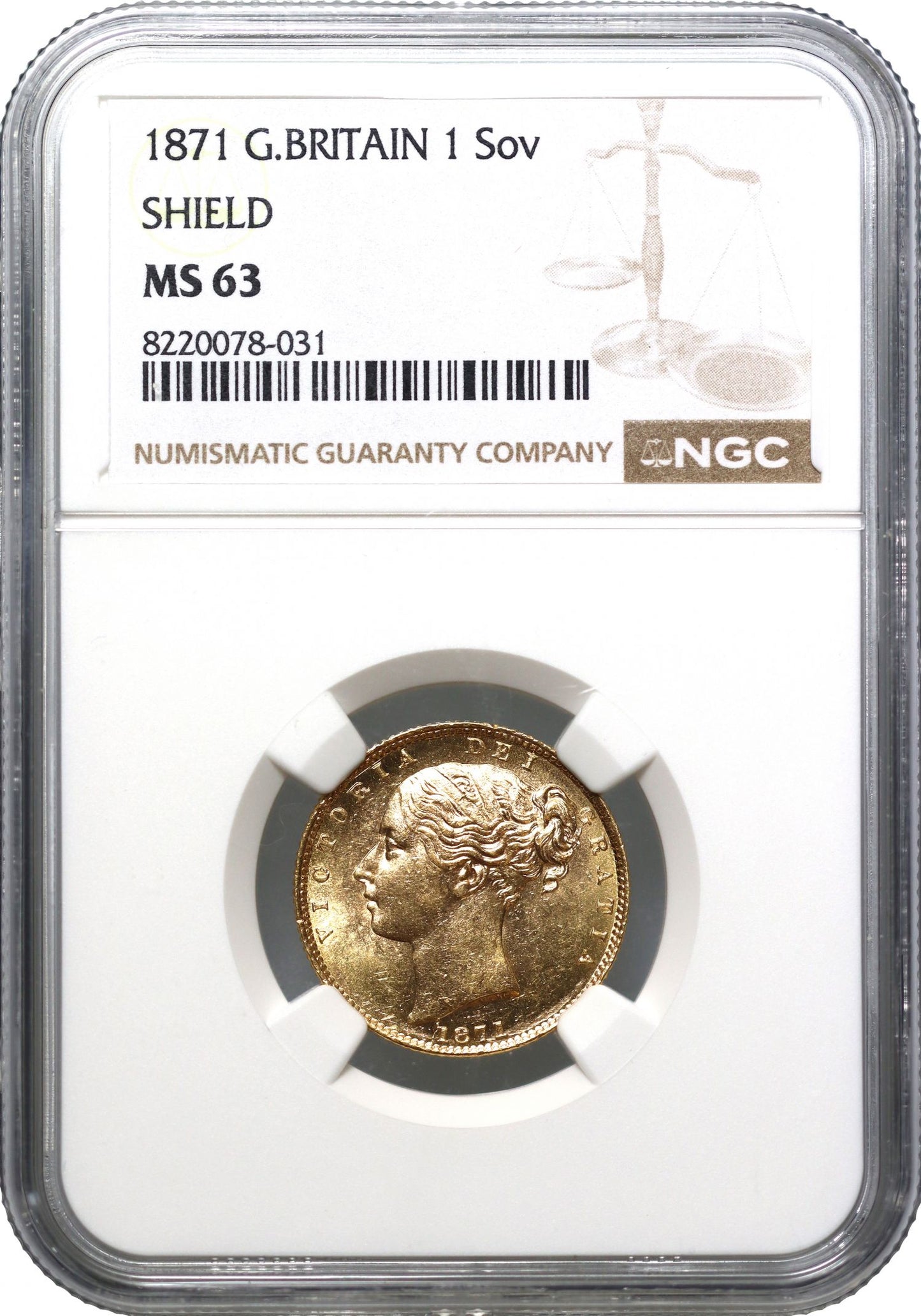 Victoria 1871 shield Sovereign, die 31, MS63