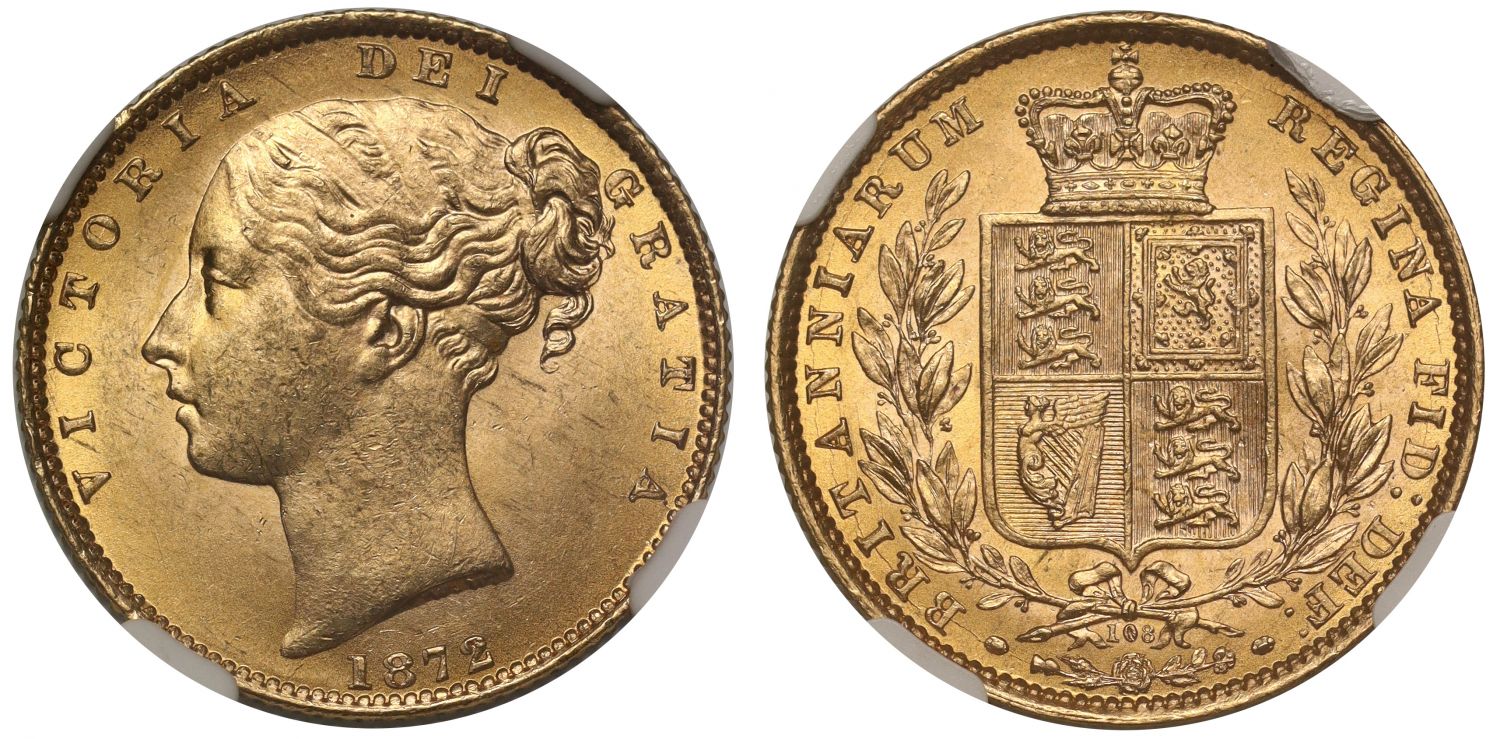 Victoria 1872 shield Sovereign, die 108, young head, MS63