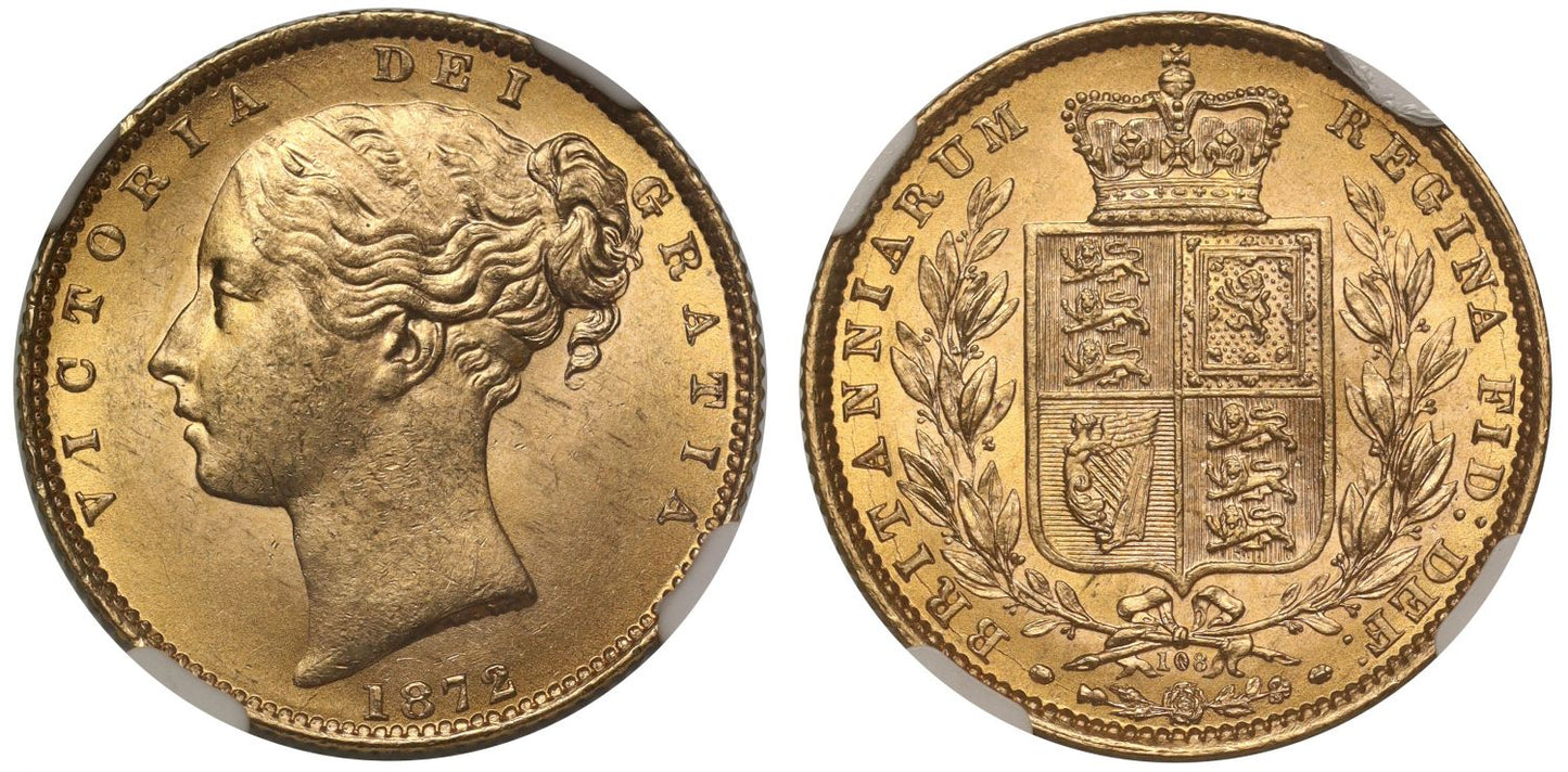 Victoria 1872 shield Sovereign, die 108, young head, MS63