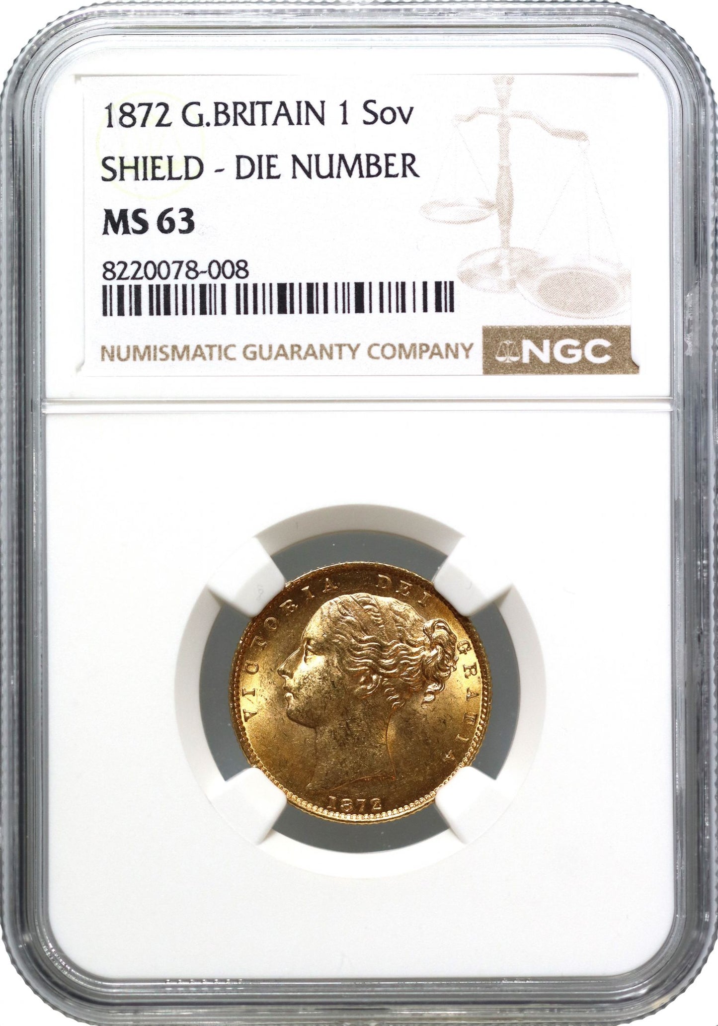 Victoria 1872 shield Sovereign, die 108, young head, MS63