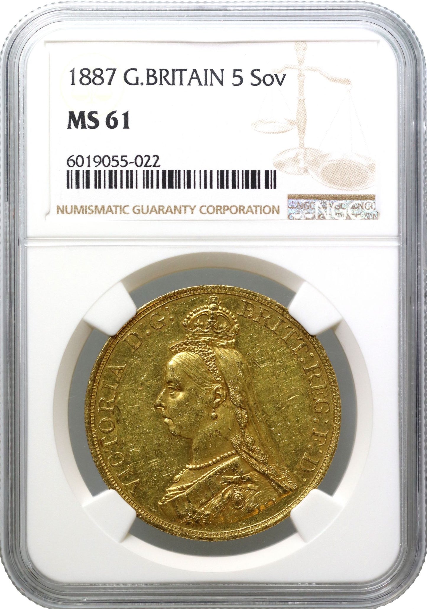 Victoria 1887 Five-Pounds, MS61, Golden Jubilee issue