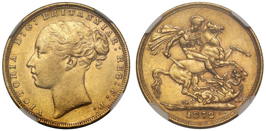 Victoria 1872 Sovereign, RMS Douro, AU55 with Douro label