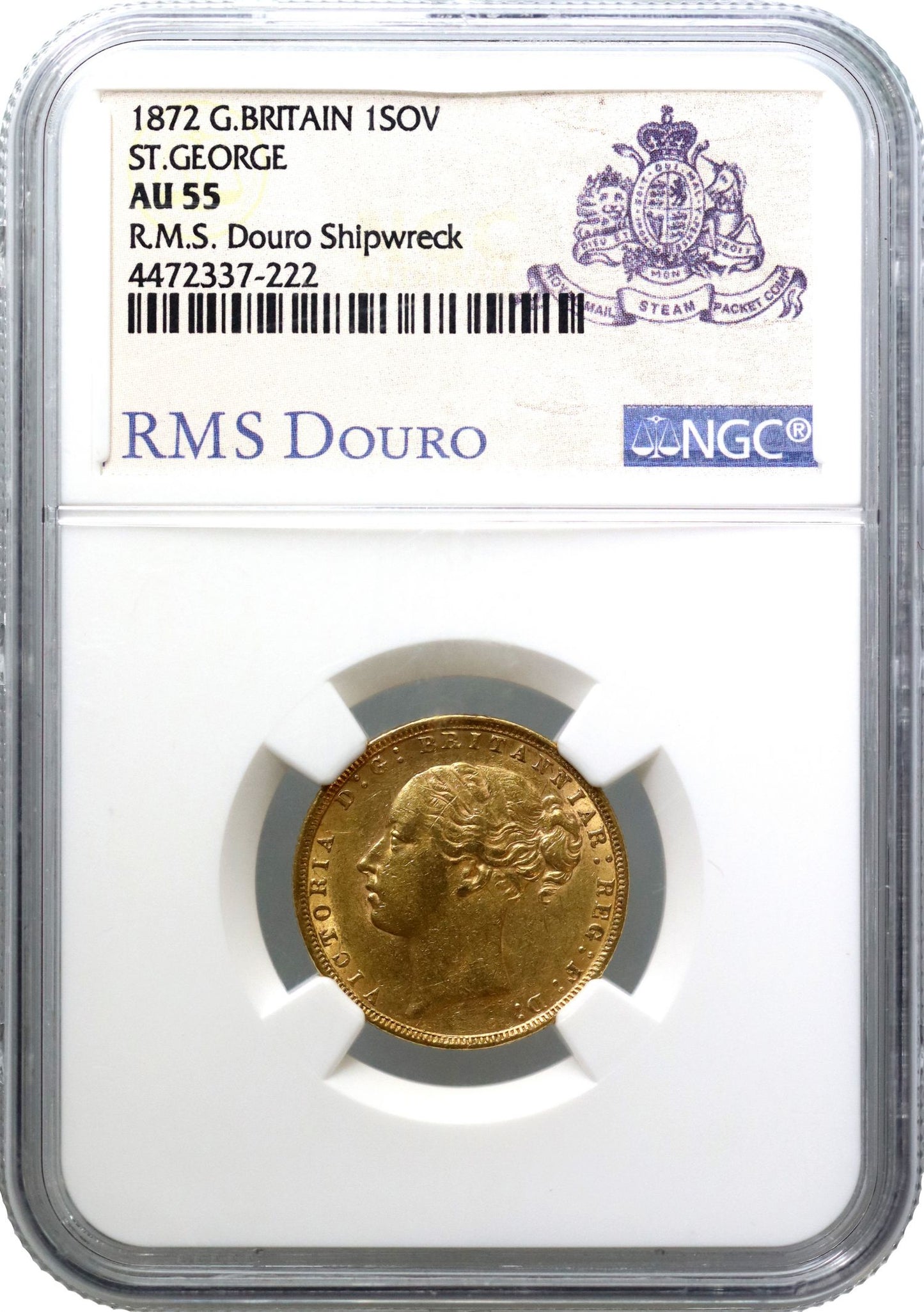 Victoria 1872 Sovereign, RMS Douro, AU55 with Douro label