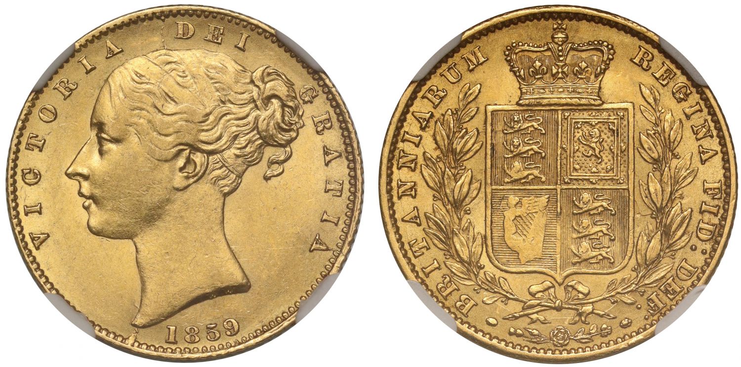 Victoria 1859 'Ansell' Sovereign, AU58, very rare variety