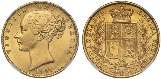 Victoria 1859 'Ansell' Sovereign, AU58, very rare variety