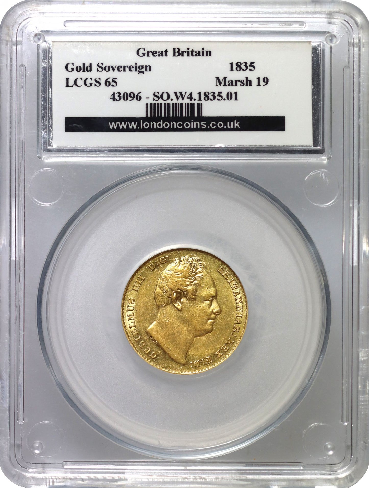 William IV 1835 Sovereign, 2nd head, rare date, LCGS 65 (London coin grading)