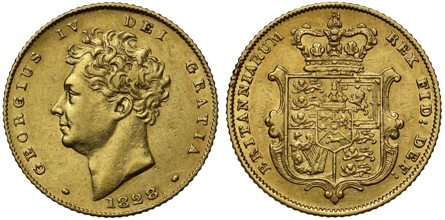 George IV 1828 Half-Sovereign, bare head, no extra tuft of hair