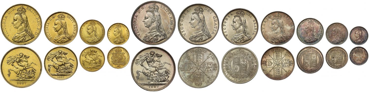 Victoria 1887 11-coin currency Set, Five Pounds to Threepence, contemporary case