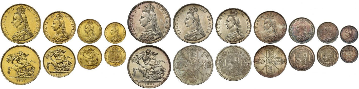 Victoria 1887 11-coin currency Set, Five Pounds to Threepence, contemporary case