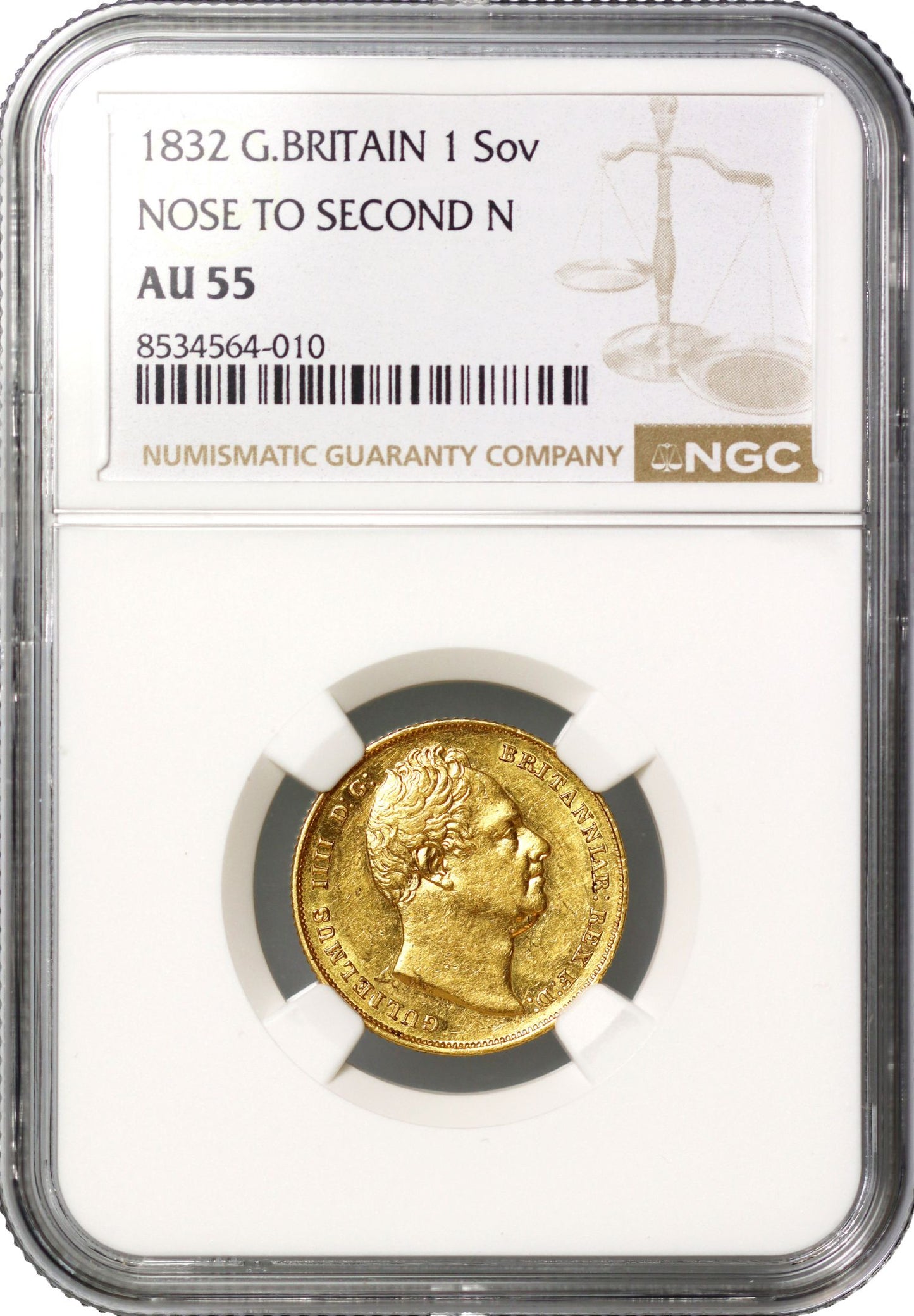 William IV 1832 Sovereign, 1st bust, very rare, nose to 2nd I, NGC AU55