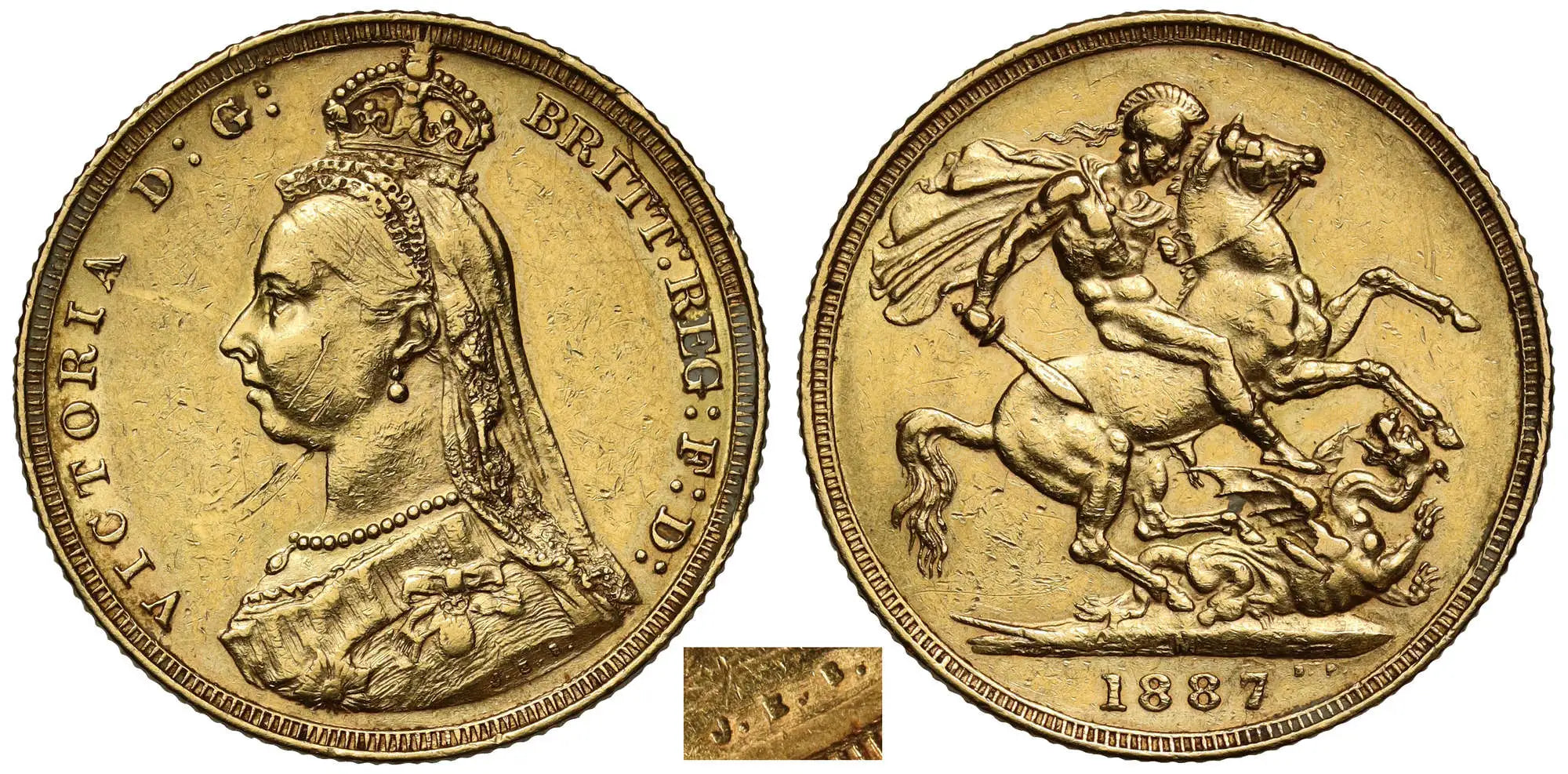 Victoria 1887-M Sovereign, Melbourne, hooked J, DISH M2 R5