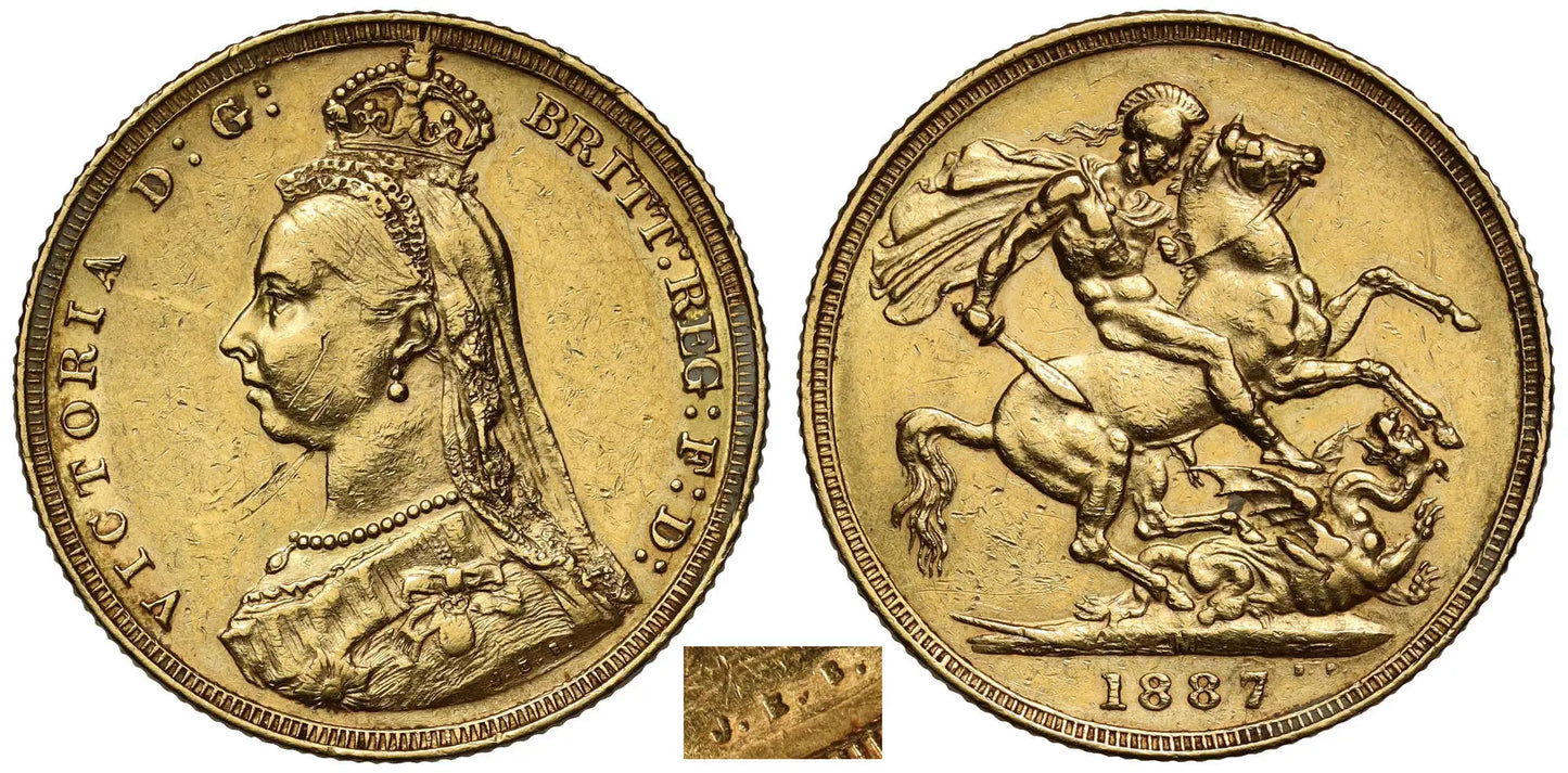 Victoria 1887-M Sovereign, Melbourne, hooked J, DISH M2 R5