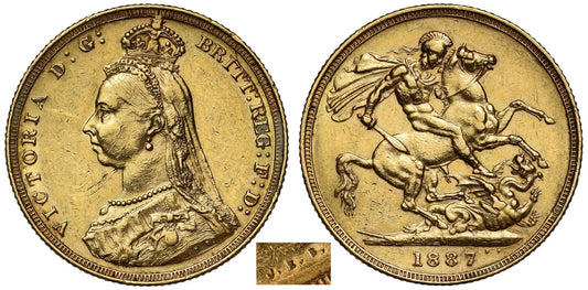 Victoria 1887-M Sovereign, Melbourne, hooked J, DISH M2 R5