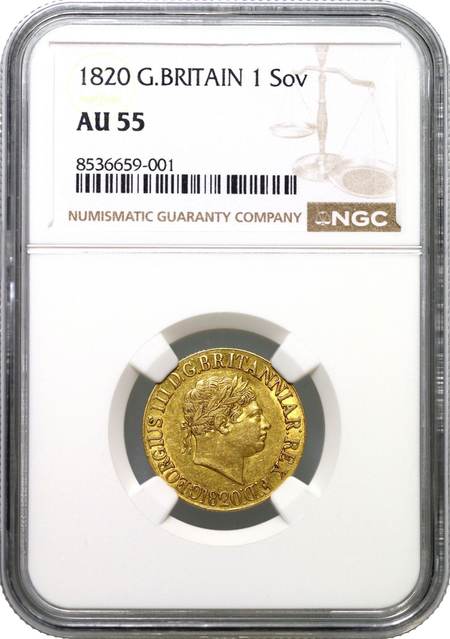 George III 1820 Sovereign, open 2 in date, NGC AU55