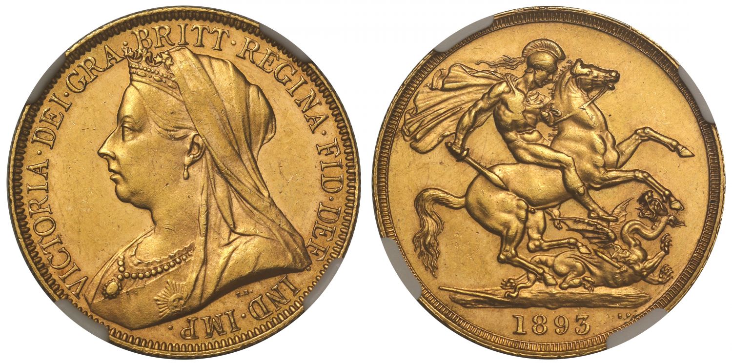 Victoria 1893 Two-Pounds, MS61, older veiled head
