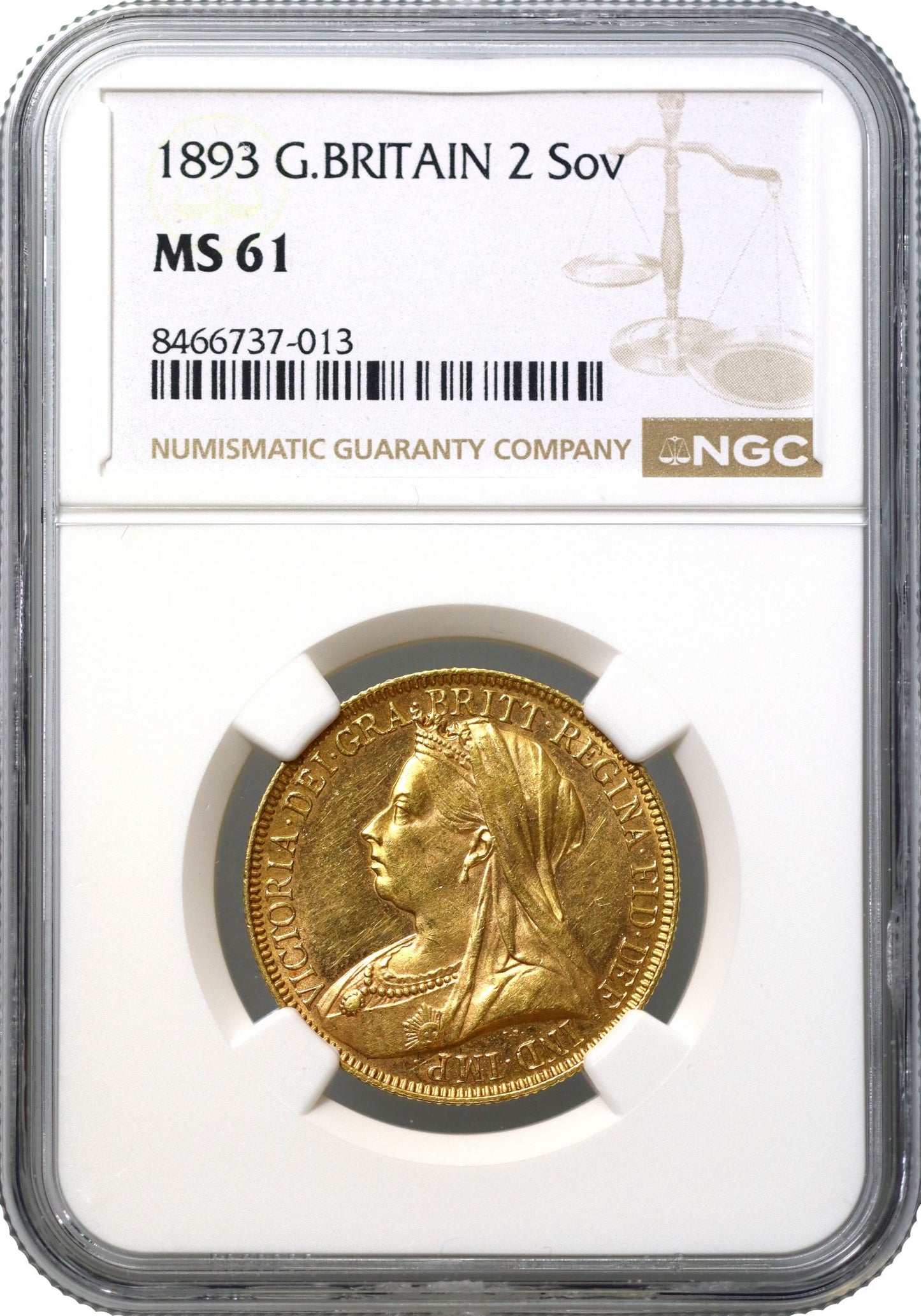 Victoria 1893 Two-Pounds, MS61, older veiled head