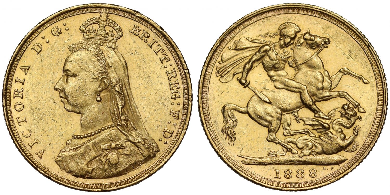 Victoria 1888 Sovereign, 1st legend, angled J in JEB, DISH S9 R2