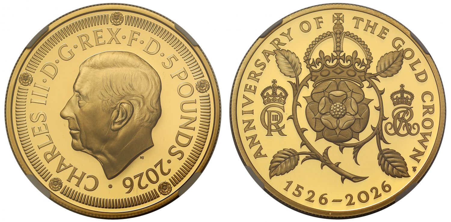 Charles III 2026 PF70 UC FDI gold Five Pounds, 500 years of the Crown