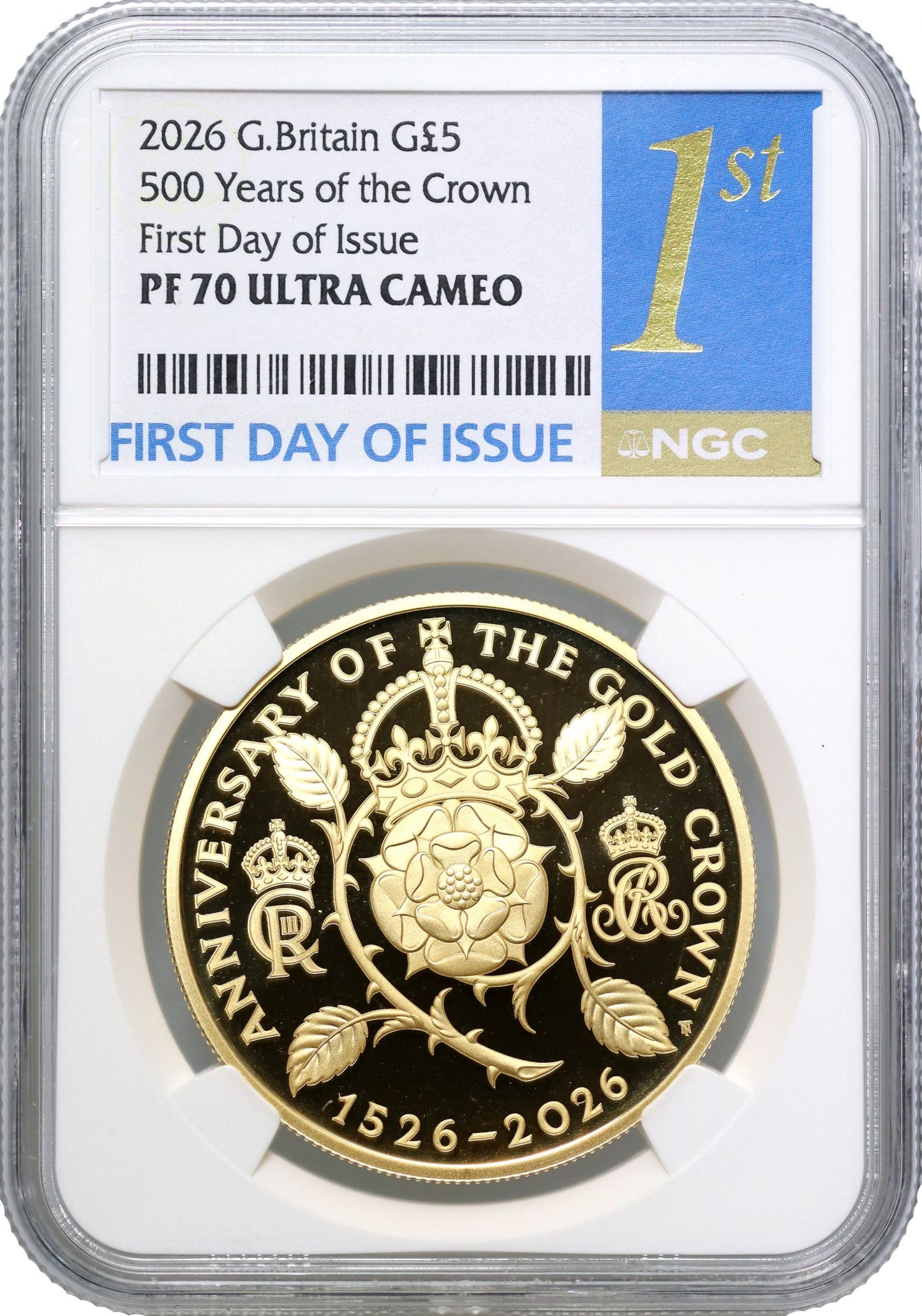 Charles III 2026 PF70 UC FDI gold Five Pounds, 500 years of the Crown