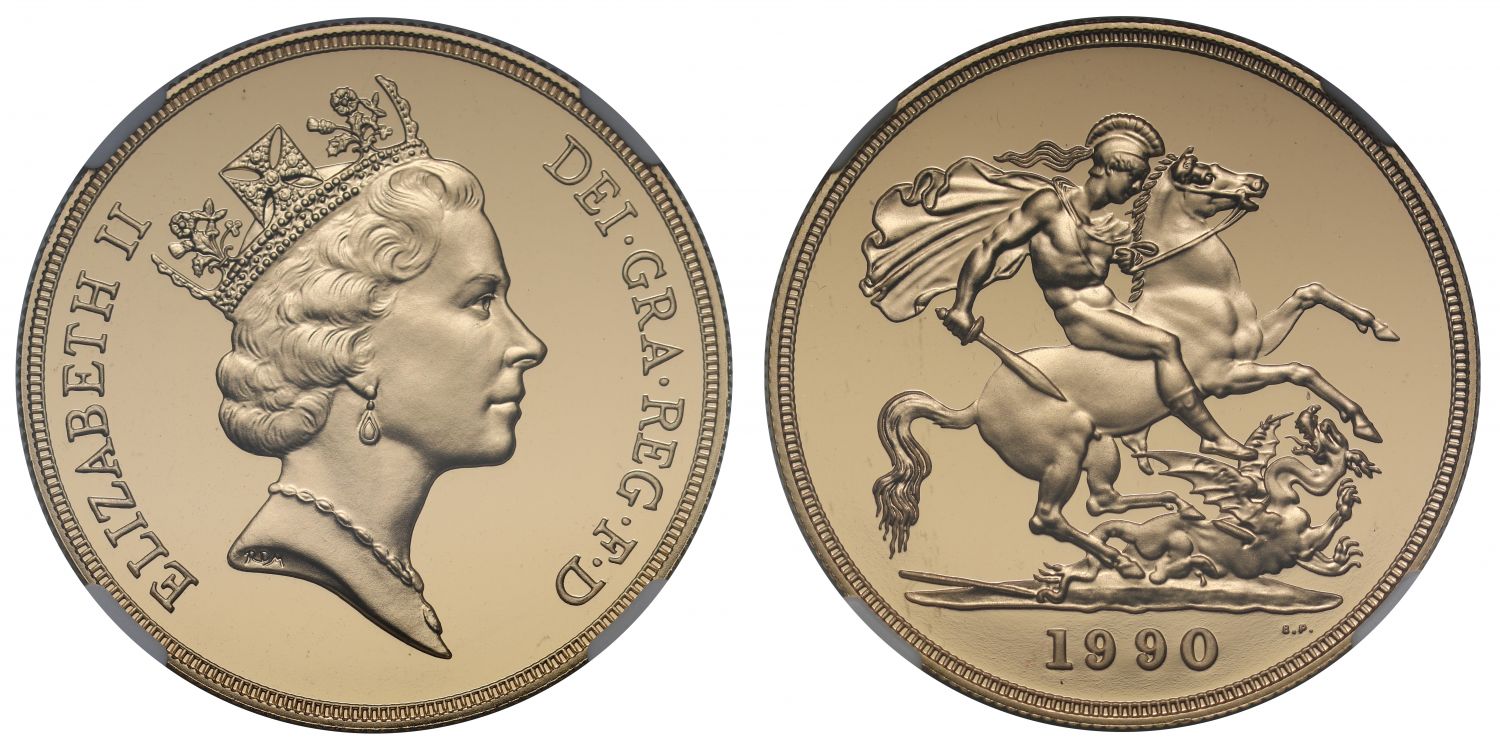 Elizabeth II 1990 gold PF70 UCAM Five-Pounds, Maklouf portrait